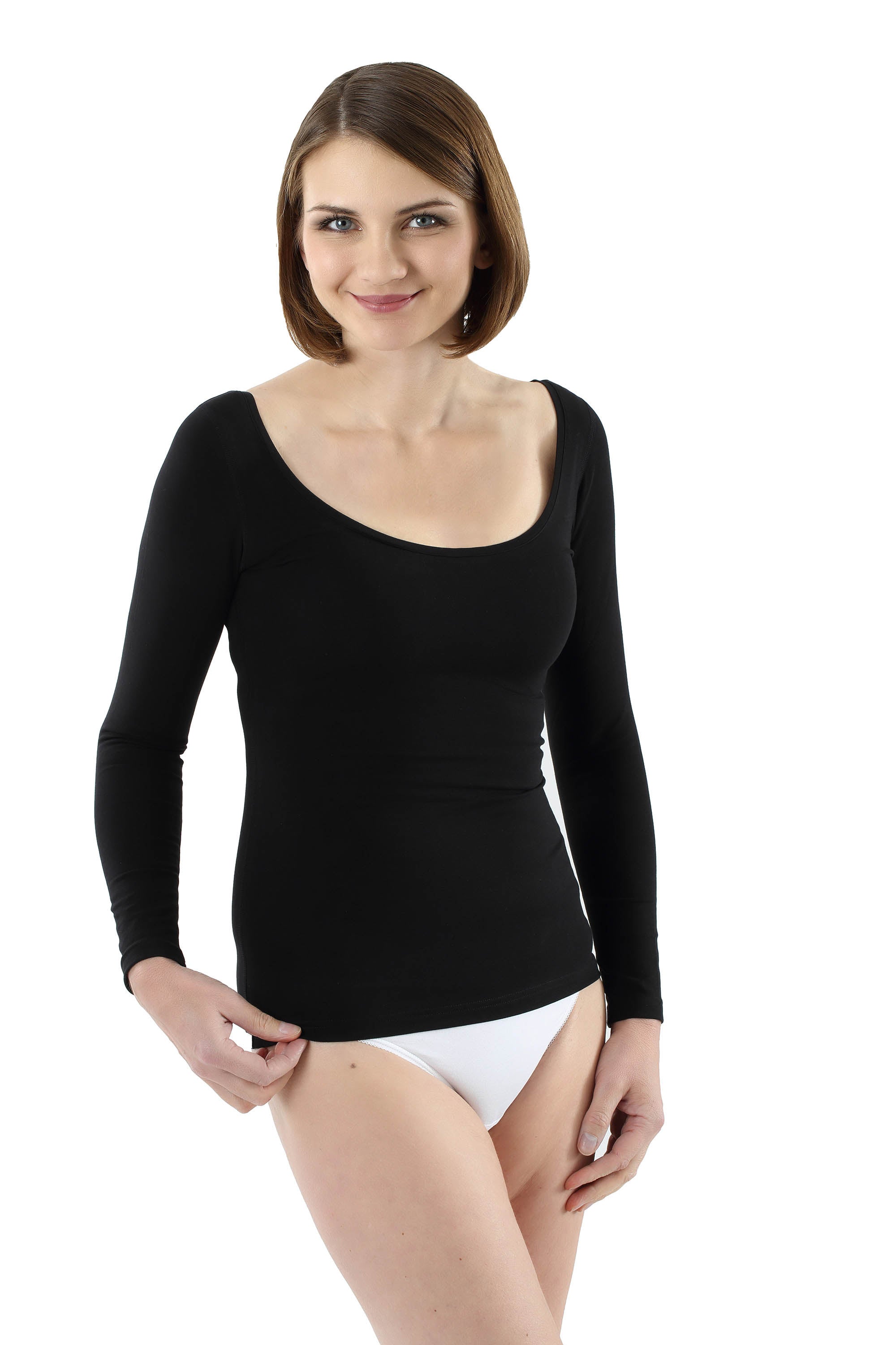 Damen Langarm Unterhemd mit tiefem weiten Ausschnitt Bio-Stretch-Baumwolle schwarz