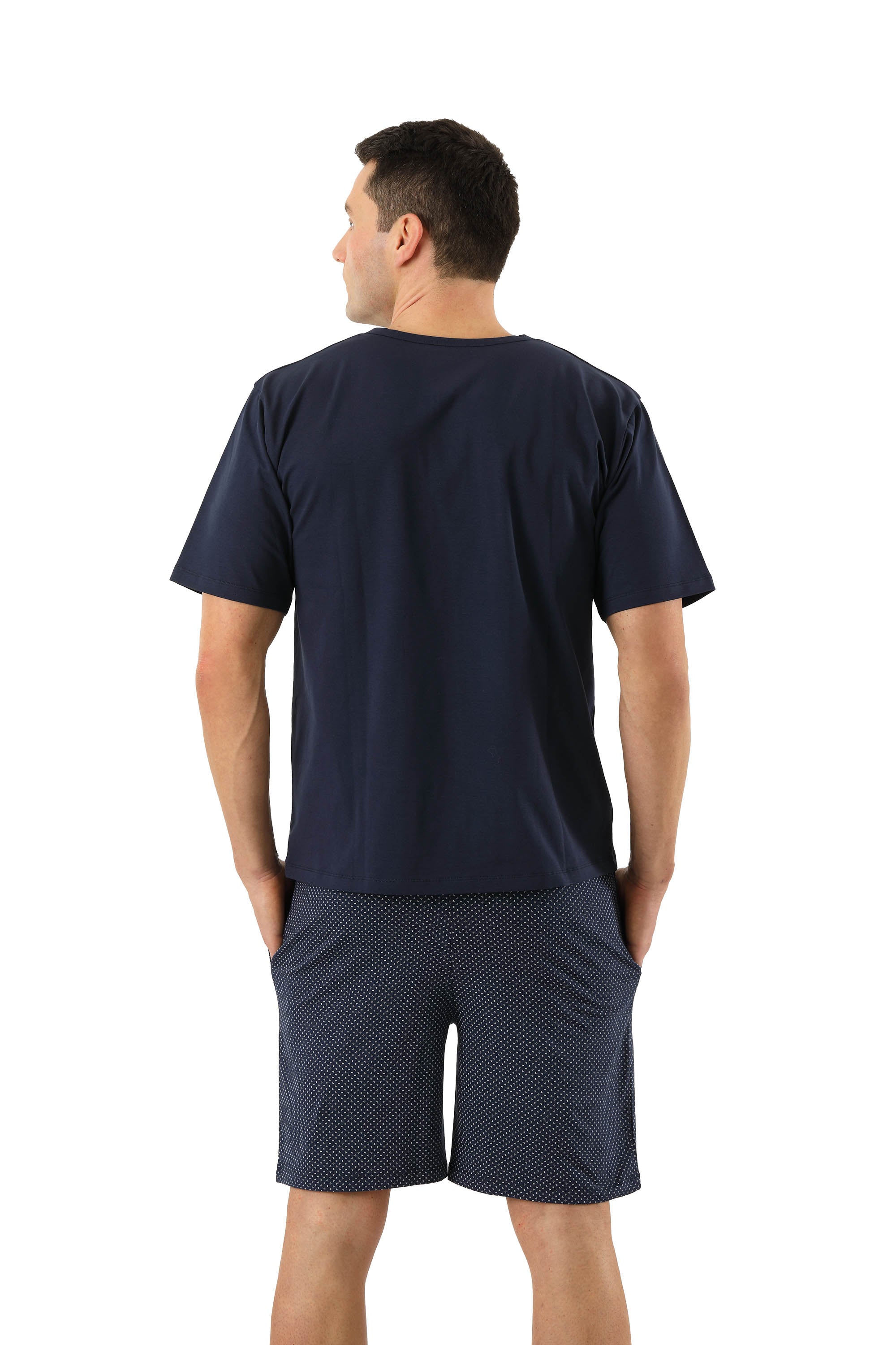 Herren Schlafanzug Kurzarm mit kurzen Hosen Stretch-Baumwolle, Marine gemustert