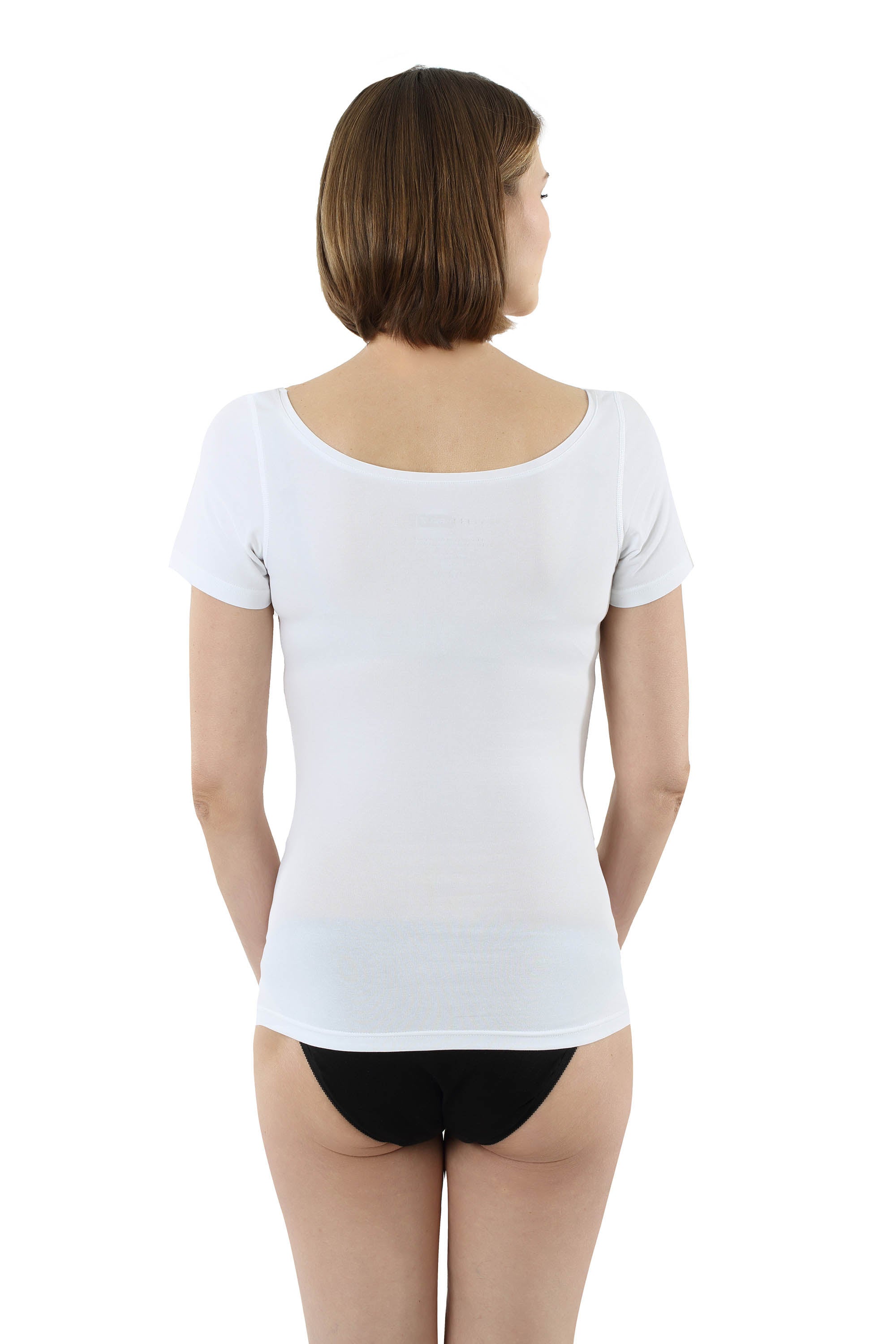Damen Kurzarm Unterhemd mit extra weitem und tiefen Ausschnitt für breite Schultern - Stretch-Baumwolle weiß