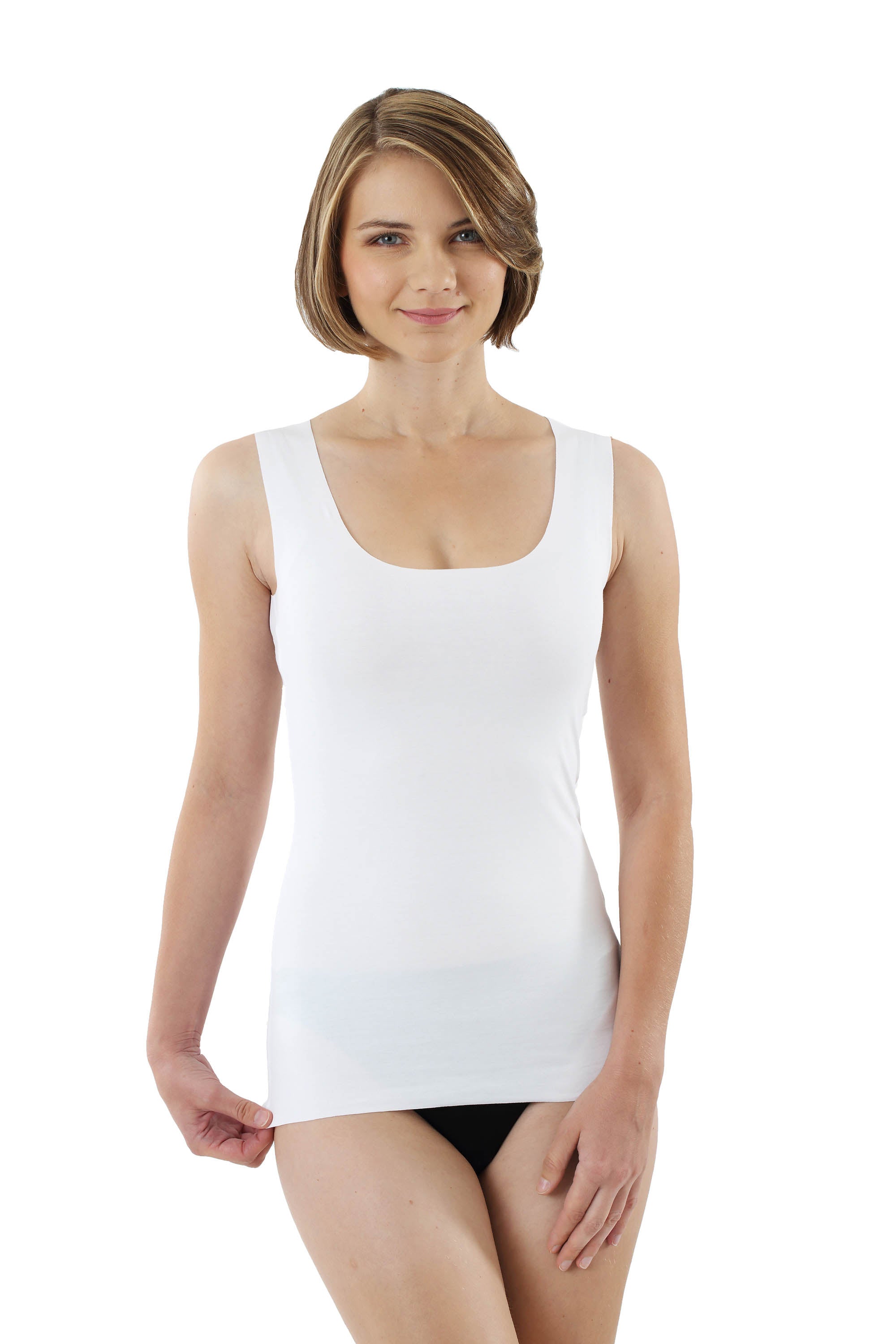 Damen Unterhemd Lasercut ohne Saum Clean Cut tiefer Rundausschnitt ohne Arm weiß