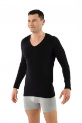 Maglietta intima a maniche lunghe cotone bio elasticizzato - scollo a v nero 