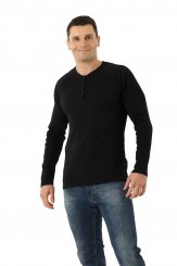 Maglione henley maniche raglan con scollatura a bottoni in cotone organico a costine elasticizzato nero 