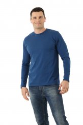 Maglione in cotone organico golfino con scollo rotondo color blu 