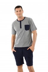 Pigiama da uomo maniche corte e pantalonicini cotone elasticizzato, blu marino e grigrio con motivi 