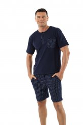 Pigiama da uomo maniche corte e pantalonicini cotone elasticizzato, blu marino con motivi 