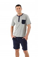 Pigiama da uomo maniche corte e pantalonicini cotone elasticizzato, blu marino e grigio con motivi 