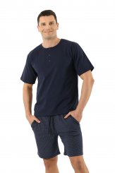 Pigiama da uomo maniche corte e pantalonicini cotone elasticizzato, blu marino con motivi 