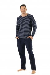 Pigiama da uomo maniche lunghe e pantaloni lunghi cotone elasticizzato blu marino à righe 