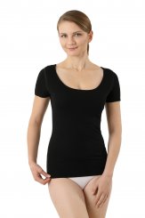 Maglietta intima senza cuciture a taglio vivo scollo largo rotondo maniche corte cotone elasticizzato color nero 