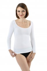 Maglietta intima cotone bio elasticizzato maniche lunghe scollatura larga e profonda in bianco 