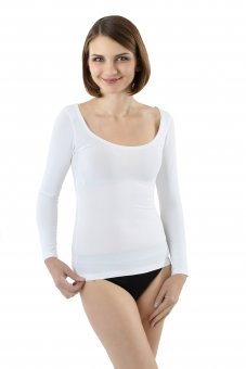 Maglietta intima cotone elasticizzato maniche lunghe scollatura larga e profonda in bianco 
