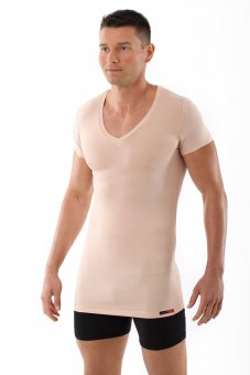 Maglietta intima da uomo, scollo a V con mezza manica  "Stuttgart light" invisibile - color carne 
