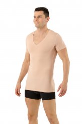 Maglietta intima invisibile tessuto tecnico Cool Clima maniche corte scollo a v extra profondo color carne 