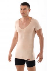 Maglietta intima scollo a V extra profondo e piatto "deep-v" maniche corte "Stuttgart light" invisibile color carne 