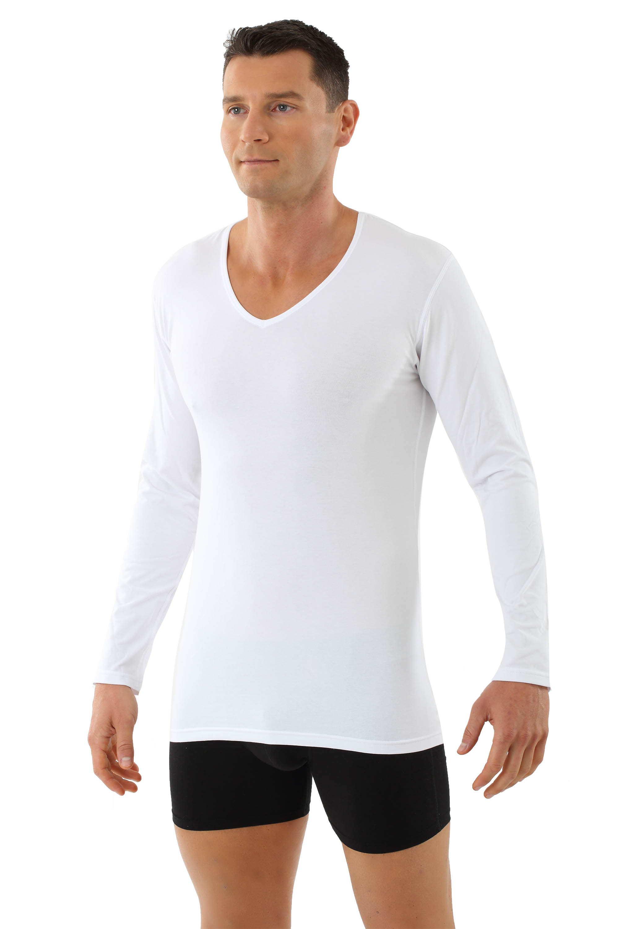 ALBERT KREUZ Maglietta intima a maniche lunghe cotone bio elasticizzato scollo a v bianco